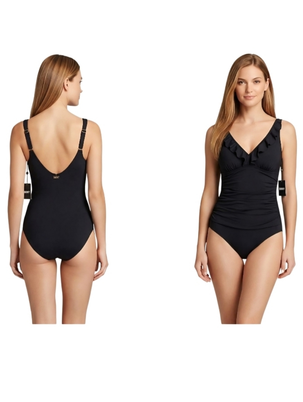 DKNY $98 Black Ruffle Plunge Underwire Tummy Control 50 UPF 1 Piece Swimsuit NWT - Picture 2 of 10